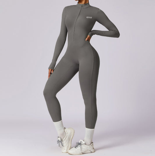 KFFIT full-body athletic jumpsuit in black, designed for active wear, with a fitted, stretchy fabric for comfortable movement.