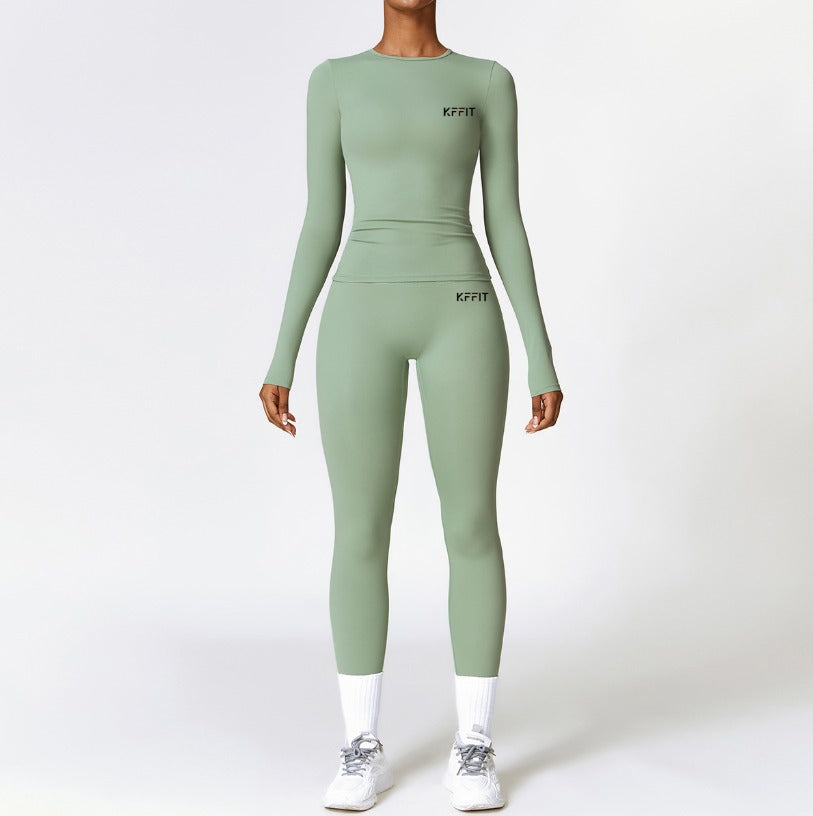 KFFIT zipless long-sleeve top and high-waist pants set, stylish casual outfit with fitted long sleeves and sleek high-waist pants.