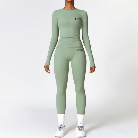KFFIT zipless long-sleeve top and high-waist pants set, stylish casual outfit with fitted long sleeves and sleek high-waist pants.