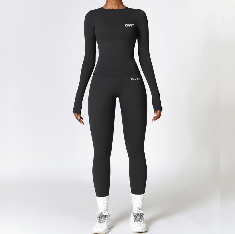 KFFIT zipless long-sleeve top and high-waist pants set, shown in a stylish, coordinated outfit on a model.