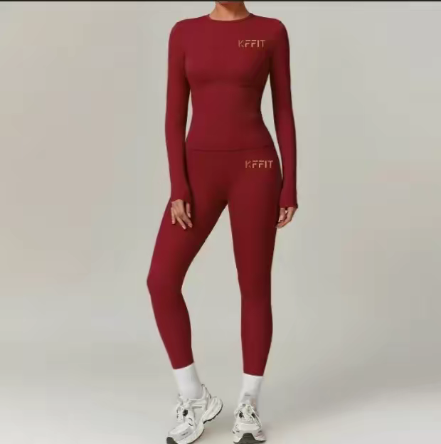 KFFIT zipless long-sleeve top and high-waist pants set in soft fabric, shown laid flat on a white background.