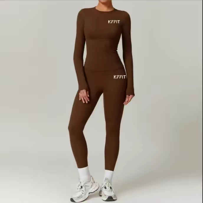 KFFIT zipless long-sleeve top and high-waist pants set in a sleek, fitted style, shown on a model against a plain background.