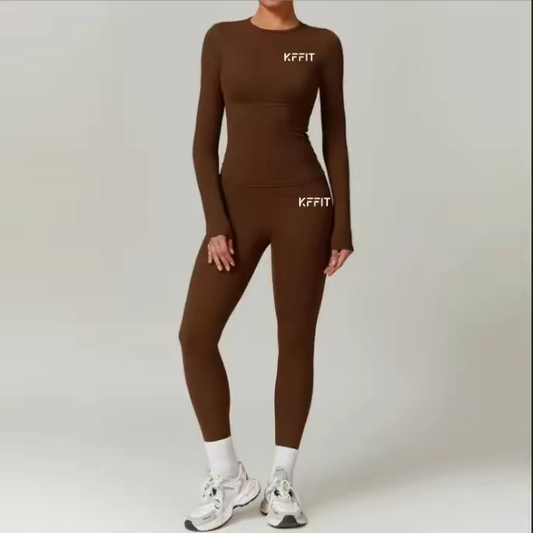 KFFIT zipless long-sleeve top and high-waist pants set in a sleek, fitted style, shown on a model against a plain background.