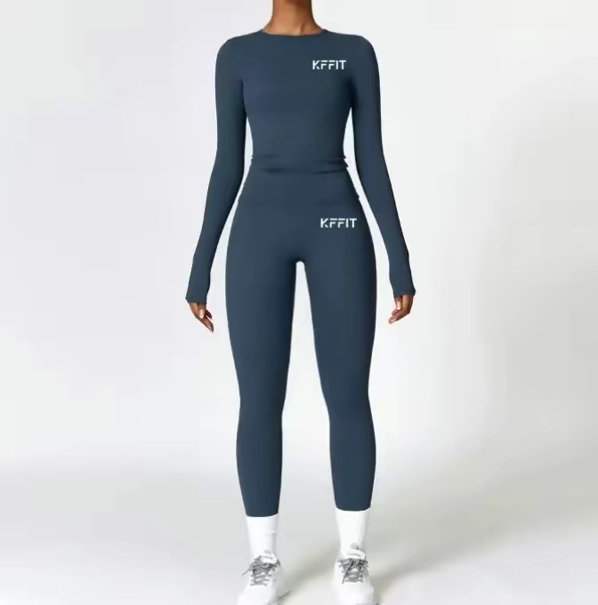 KFFIT zipless long-sleeve top and high-waist pants set in soft fabric, displayed on a neutral background.